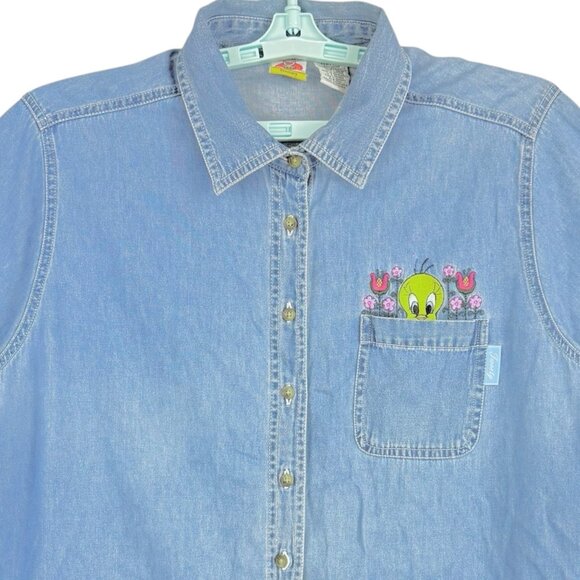 Looney Tunes Women Embroidery Tweety Bird Button Short Sleeve Blue Shirt 14W/16W - Picture 3 of 9